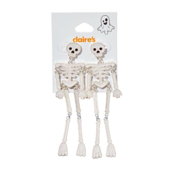 Claire's Halloween Glitter White Skeleton Dangle Earrings, 1-Pair