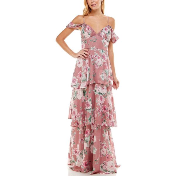 Crystal Doll Womens Pink Floral Chiffon Evening Dress Gown Juniors 0 BHFO 8461