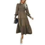 CUPSHE Women's Ruched Maxi Dress High Neck Long Sleeves Smocked Tiered