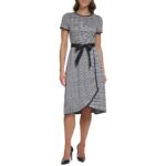 DKNY Womens Black-Ivory Plaid Faux Wrap Fit & Flare Midi Dress 8 BHFO 4751