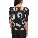 DKNY Womens Black Printed Puff Sleeve Asymmetric Blouse Top L BHFO 9115