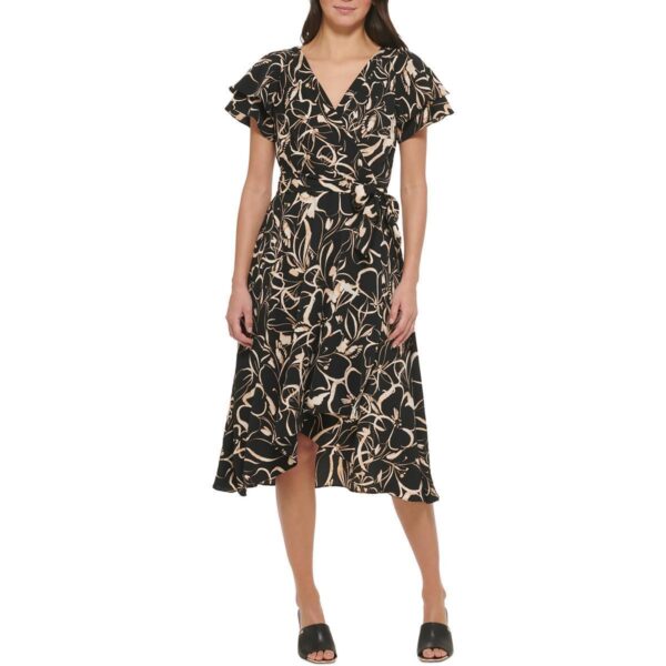 DKNY Womens Black Printed V neck Ruffle Fit & Flare Dress 2 BHFO 9150