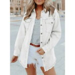 Eytino Denim Jacket for Women Long Sleeve Boyfriend Jean Jacket Loose Coat White L Female