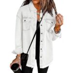 Eytino Denim Jacket for Women Long Sleeve Boyfriend Jean Jacket Loose Coat White L Female