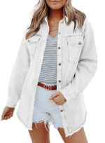 Eytino Denim Jacket for Women Long Sleeve Boyfriend Jean Jacket Loose Coat White S Female