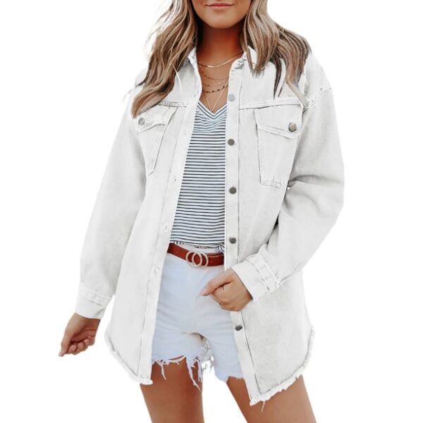 Eytino Denim Jacket for Women Long Sleeve Boyfriend Jean Jacket Loose Coat White S Female