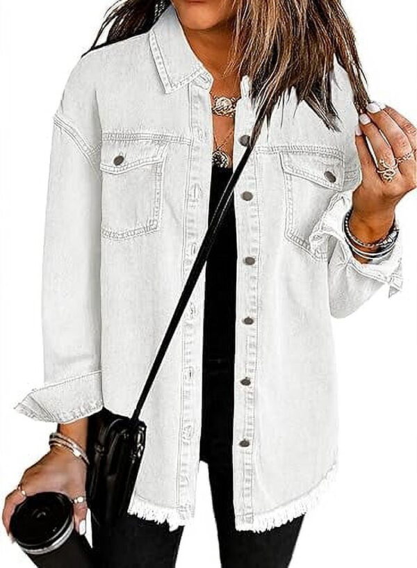 Eytino Denim Jacket for Women Long Sleeve Boyfriend Jean Jacket Loose Coat White L Female