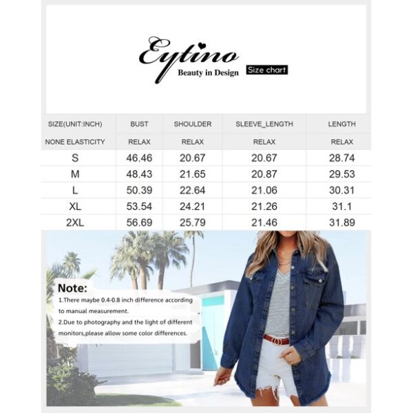 Eytino Plus Size Women's Denim Jean Jacket Long Sleeve Boyfriend Denim Jacket Coat Blue XL Female