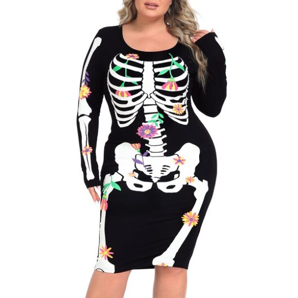 HDE Plus Size Skeleton Dress Stretchy Long Sleeve Halloween Costume Day of The Dead Floral 1X