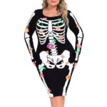 HDE Plus Size Skeleton Dress Stretchy Long Sleeve Halloween Costume Day of The Dead Floral 1X