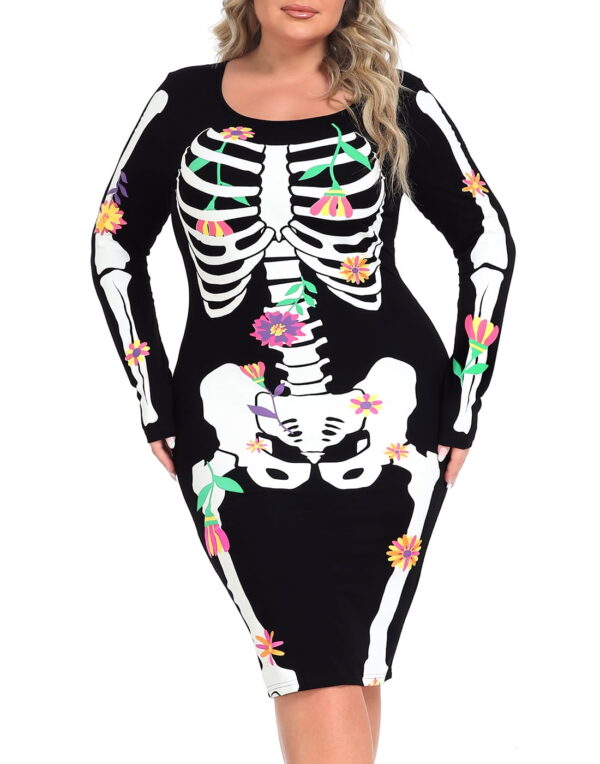 HDE Plus Size Skeleton Dress Stretchy Long Sleeve Halloween Costume Day of The Dead Floral 1X