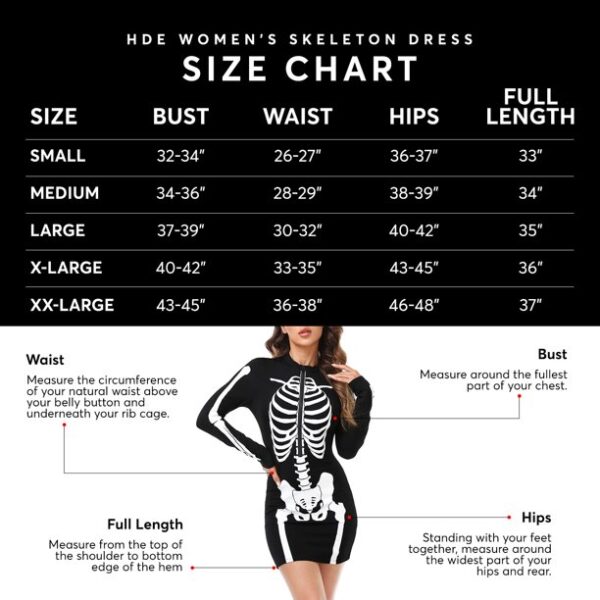 HDE Women's Skeleton Dress Halloween Costume Long Sleeve Mini Dress Full Skeleton Front & Back XL