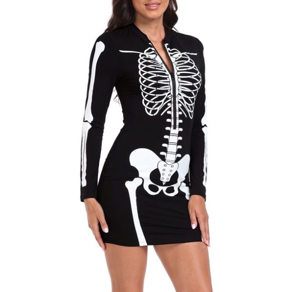 HDE Women's Skeleton Dress Halloween Costume Long Sleeve Mini Dress Full Skeleton Front & Back XL