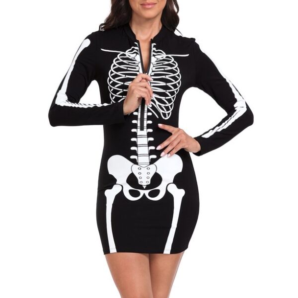 HDE Women's Skeleton Dress Halloween Costume Long Sleeve Mini Dress Full Skeleton Front & Back XL