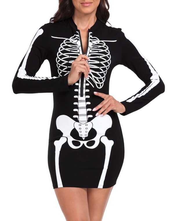 HDE Women's Skeleton Dress Halloween Costume Long Sleeve Mini Dress Full Skeleton Front & Back XL