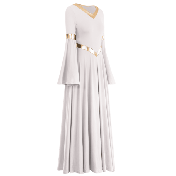 IBTOM CASTLE Women Metallic Color Block Liturgical Praise Dance Dress Bell Long Sleeve Lyrical Dancewear Gowns Worship Costume S White