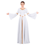 IBTOM CASTLE Women Metallic Color Block Liturgical Praise Dance Dress Bell Long Sleeve Lyrical Dancewear Gowns Worship Costume S White