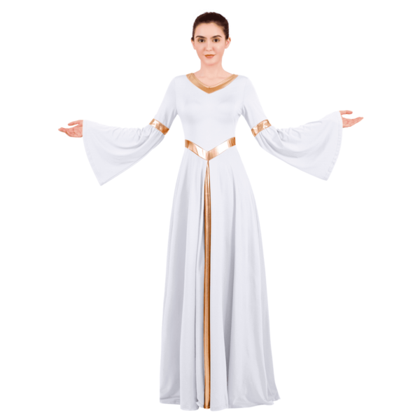 IBTOM CASTLE Women Metallic Color Block Liturgical Praise Dance Dress Bell Long Sleeve Lyrical Dancewear Gowns Worship Costume S White