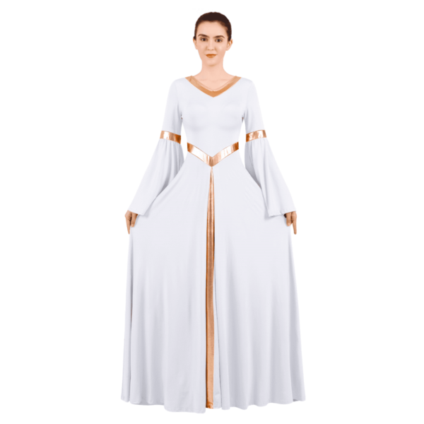 IBTOM CASTLE Women Metallic Color Block Liturgical Praise Dance Dress Bell Long Sleeve Lyrical Dancewear Gowns Worship Costume S White