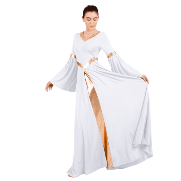 IBTOM CASTLE Women Metallic Color Block Liturgical Praise Dance Dress Bell Long Sleeve Lyrical Dancewear Gowns Worship Costume S White