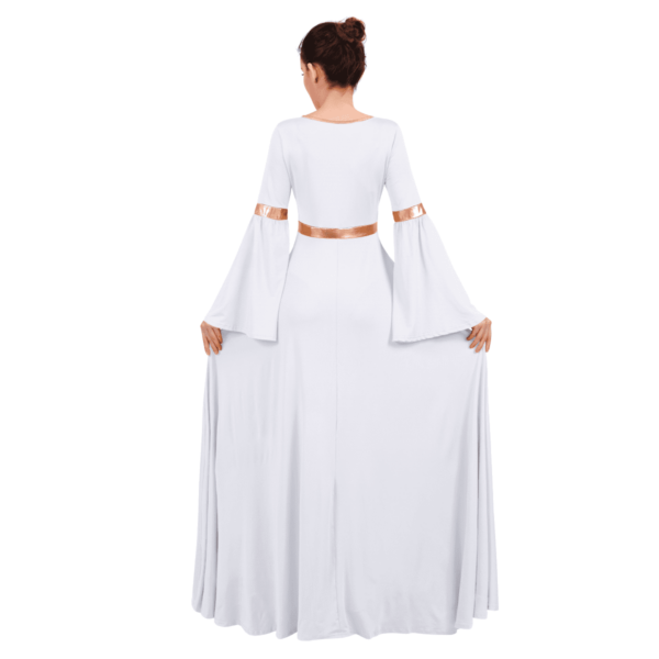 IBTOM CASTLE Women Metallic Color Block Liturgical Praise Dance Dress Bell Long Sleeve Lyrical Dancewear Gowns Worship Costume S White