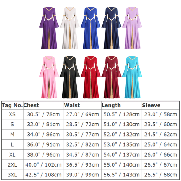 IBTOM CASTLE Women Metallic Color Block Liturgical Praise Dance Dress Bell Long Sleeve Lyrical Dancewear Gowns Worship Costume S White