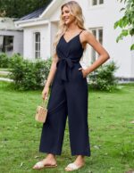 JASAMBAC Women Jumpsuits Dressy Casual Sleeveless Spaghetti Strap Loose Rompers Wide Leg Linen Summer Outfits with Pockets