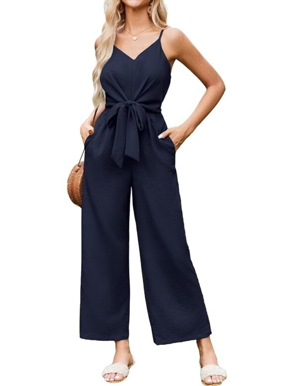 JASAMBAC Women Jumpsuits Dressy Casual Sleeveless Spaghetti Strap Loose Rompers Wide Leg Linen Summer Outfits with Pockets