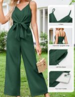 JASAMBAC Women Jumpsuits Dressy Casual Sleeveless Spaghetti Strap Loose Rompers Wide Leg Linen Summer Outfits with Pockets