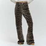 JWZUY Leopard Print Jeans for Women Cheetah Print Pants Flare Straight Leg High Waisted Pant Zipper Fly Button Waist Band Faux Denim Pants Brown M