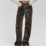 JWZUY Leopard Print Jeans for Women Cheetah Print Pants Flare Straight Leg High Waisted Pant Zipper Fly Button Waist Band Faux Denim Pants Brown M