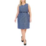 Kasper Womens Blue Belted Tweed Sheath Dress Plus 22W BHFO 0041