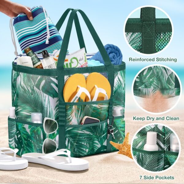 Livhil Mesh Beach Bag Rope Handles, Mesh Tote Bag for Women Contains Wicker Oversized Beach Tote Bag with 9 Small Pockets (Green)