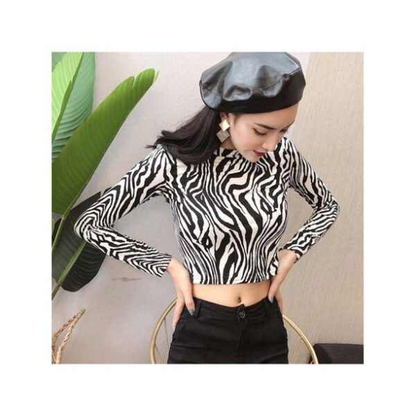 MarinaVida Women's Leopard/Zebra Print Turtleneck Slim Long Sleeve Crop Top