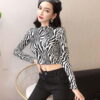 MarinaVida Women's Leopard/Zebra Print Turtleneck Slim Long Sleeve Crop Top