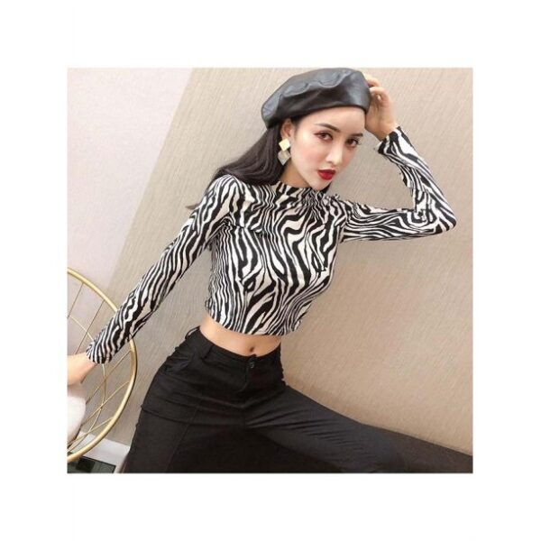 MarinaVida Women's Leopard/Zebra Print Turtleneck Slim Long Sleeve Crop Top