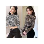 MarinaVida Women's Leopard/Zebra Print Turtleneck Slim Long Sleeve Crop Top