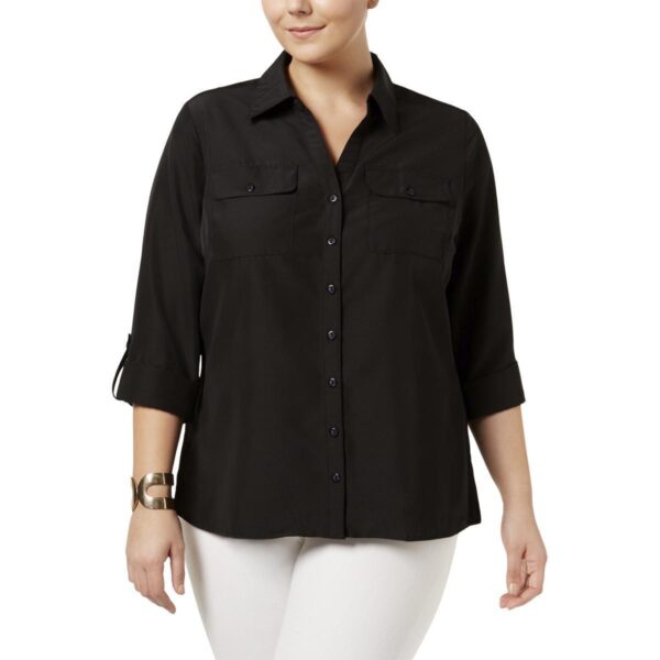 NY Collection Womens Black Collared Button-Down Top Blouse Plus 2X BHFO 1675