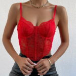 RQYYD Reduced Women's Lace Trim Corset Spaghetti Strap Asymmetrical Hem Shapewear Cami Tank Top Going Out Party Corset Bustier Tops Red M