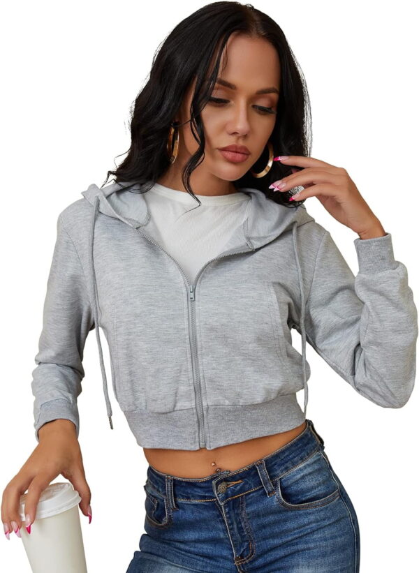 's Zip Up Hoodies Cropped Cardigan Jacket Drawstring Hooded Sweatshirts Casual Long Sleeve Top… Grey Large