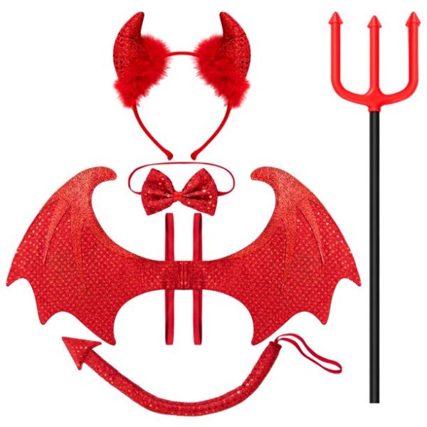 SYNCFUN 5 Pieces Devil Accessories for Woman,Devil Costume Accessories with Devil Wings,Devil Pitchfork,Devil Horns, and Tail, Halloween Devil Horns Cosplay Costume for Adults