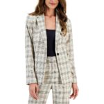 T Tahari Womens Beige Plaid Linen One-Button Blazer Jacket 6 BHFO 0220