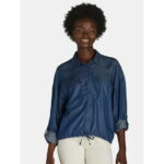 Time and Tru Women's Chambray Drawstring Blouse, Sizes XS-XXXL