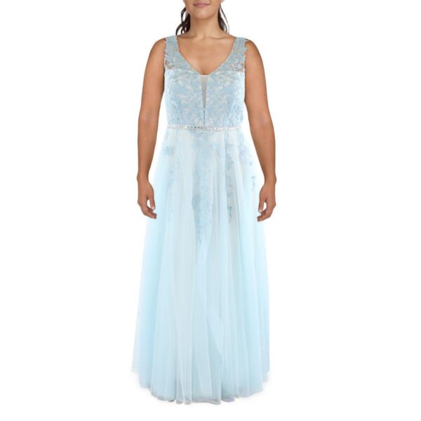 TLC Say Yes To The Prom Womens Blue Lace Evening Dress Gown Plus 16W BHFO 9787