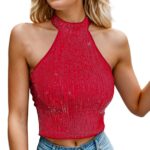 WNVMWI Women Fashionable Halter Neck Sequined Vest Short Sleeveless Top Sequin Backless Crop Top Party Club Tank Top Red