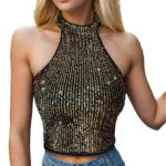 WNVMWI Women Fashionable Halter Neck Sequined Vest Short Sleeveless Top Sequin Backless Crop Top Party Club Tank Top Red