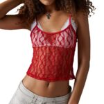 Women’s Sheer Mesh Cami Tops Slim Lace Embroidery See Through Square Neck Sleeveless Solid Short Vest for Summer