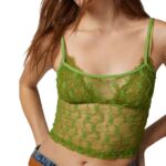 Women’s Sheer Mesh Cami Tops Slim Lace Embroidery See Through Square Neck Sleeveless Solid Short Vest for Summer