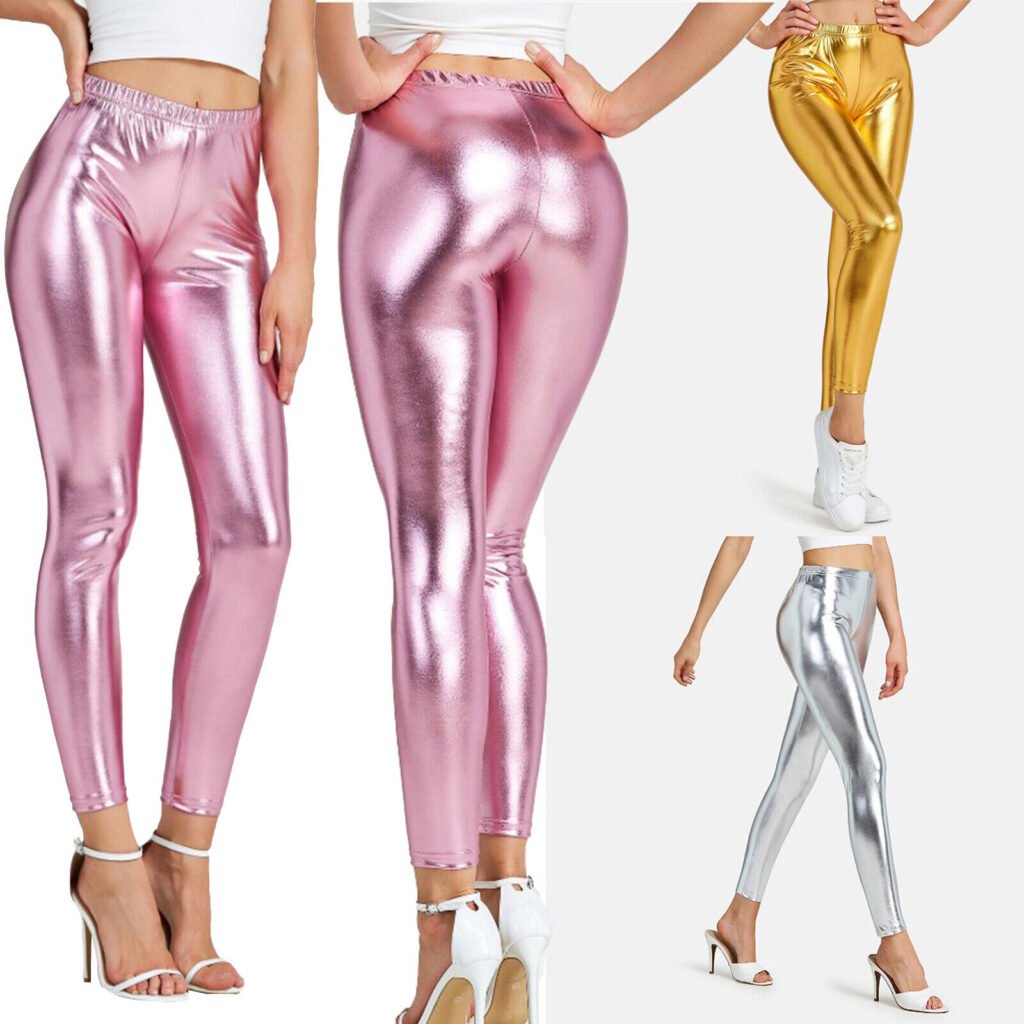 Women's Faux Leather Leggings Shiny Metallic High Waist Pants Trousers