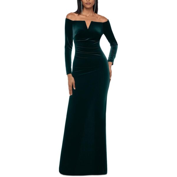 X by Xscape Womens Green Velvet Off-The-Shoulder Maxi Dress Gown 6 BHFO 5398